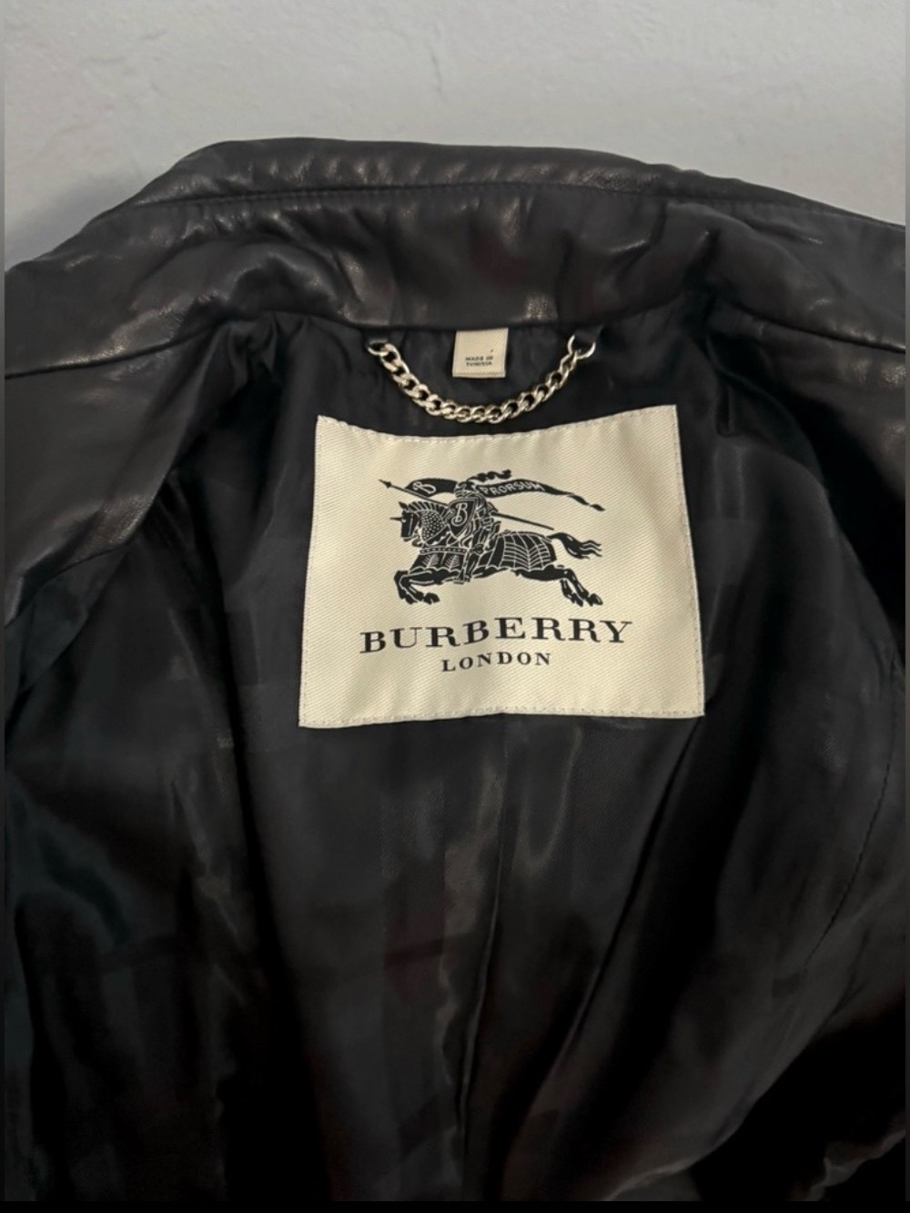 Burberry Black Leather Jacket with White Logo Patch